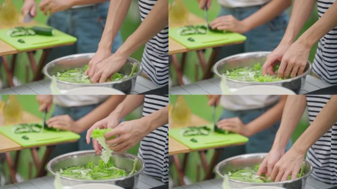 亚裔中国兄弟姐妹青少年在露营帐篷为家人准备食物烹饪时清洁和切割蔬菜