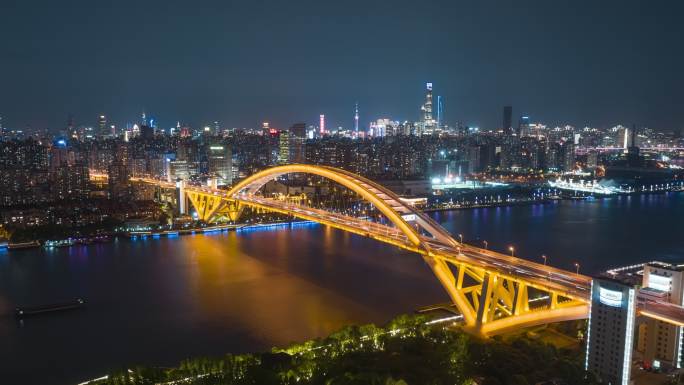 上海卢浦大桥交通车流航拍延时夜景