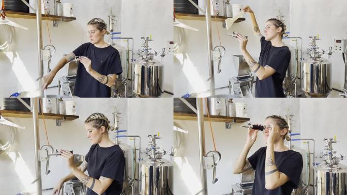 酿酒大师用折射计测定精酿啤酒生产过程中的糖浓度