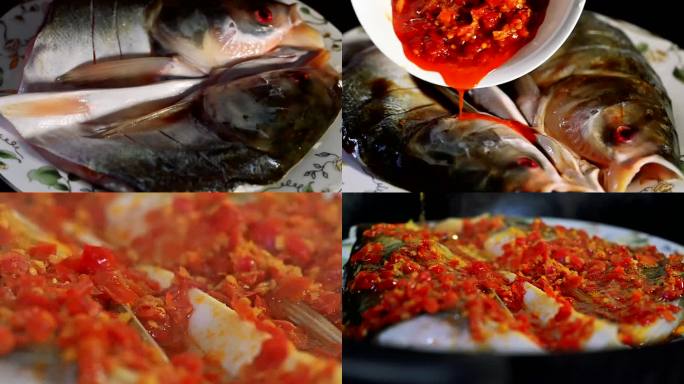 剁椒鱼头烹饪过程实拍视频