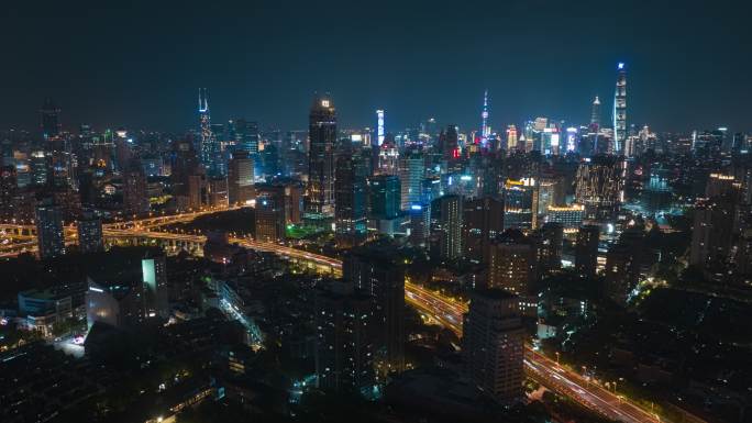 上海黄浦区望向陆家嘴夜景航拍延时