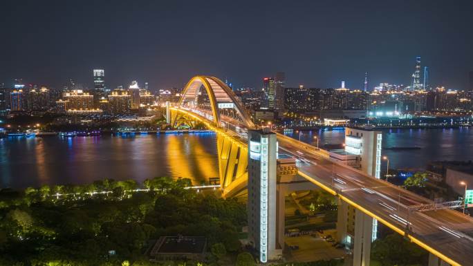 上海卢浦大桥交通车流航拍延时夜景