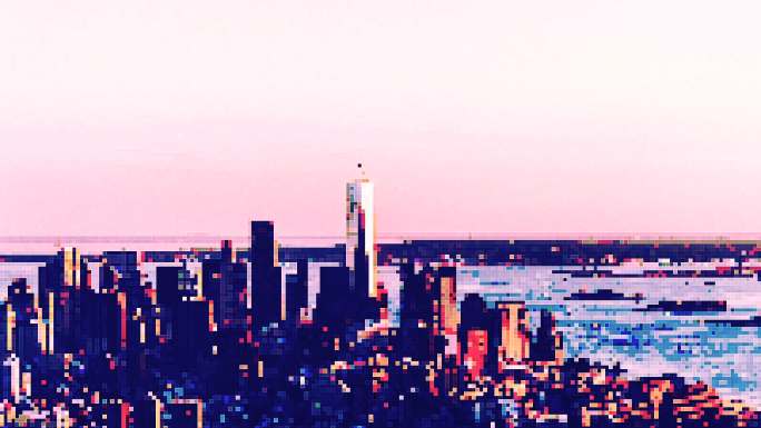 T/L像素艺术大都市，曼哈顿市中心天际线鸟瞰图