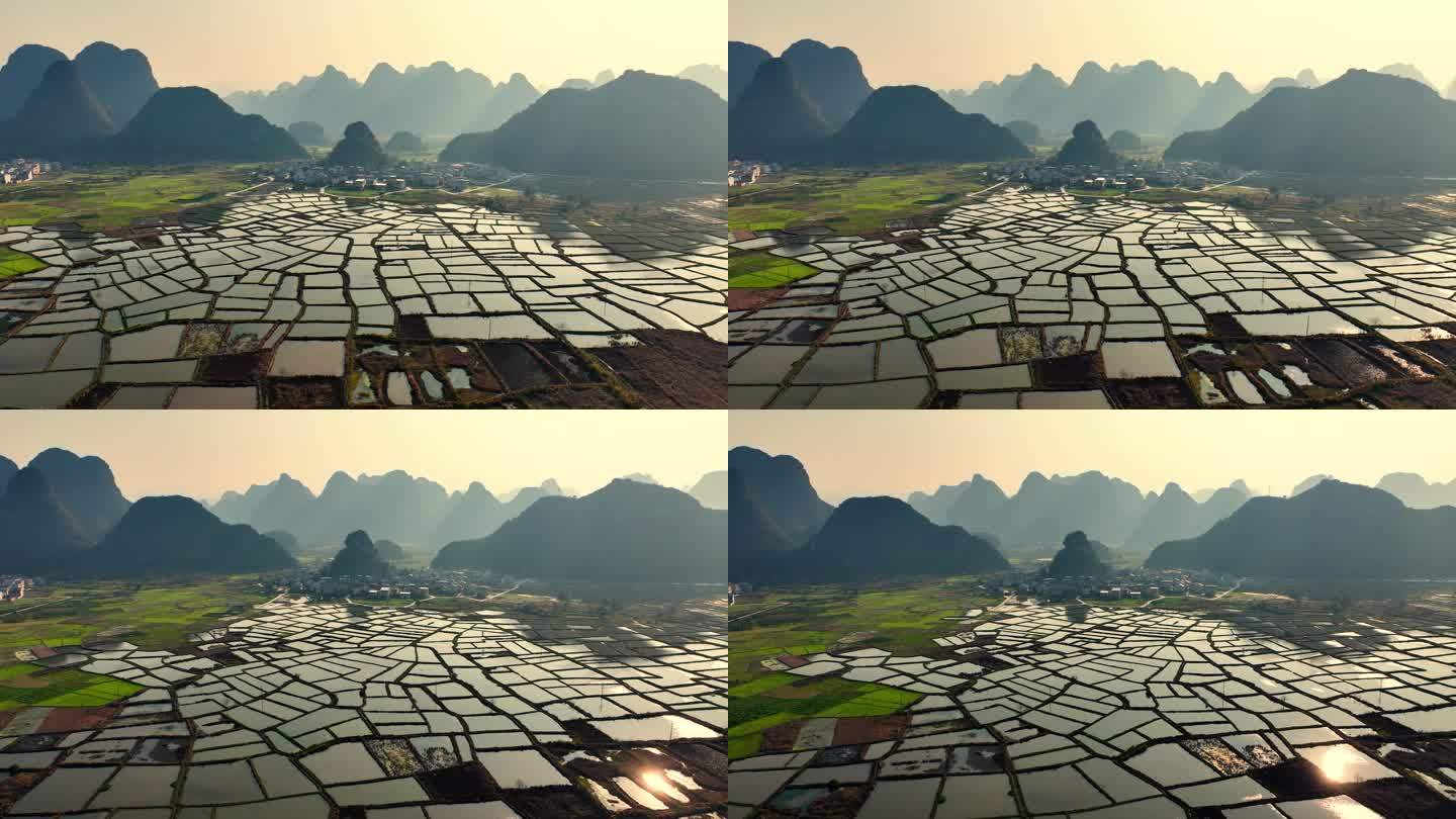 中国桂林稻田景观鸟瞰图