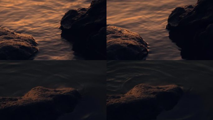 岸边浪花礁石夕阳水面景色黄昏阳光波浪湖面