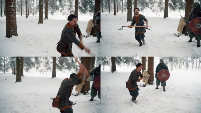 中世纪的武士们在森林里练习战斗技巧
