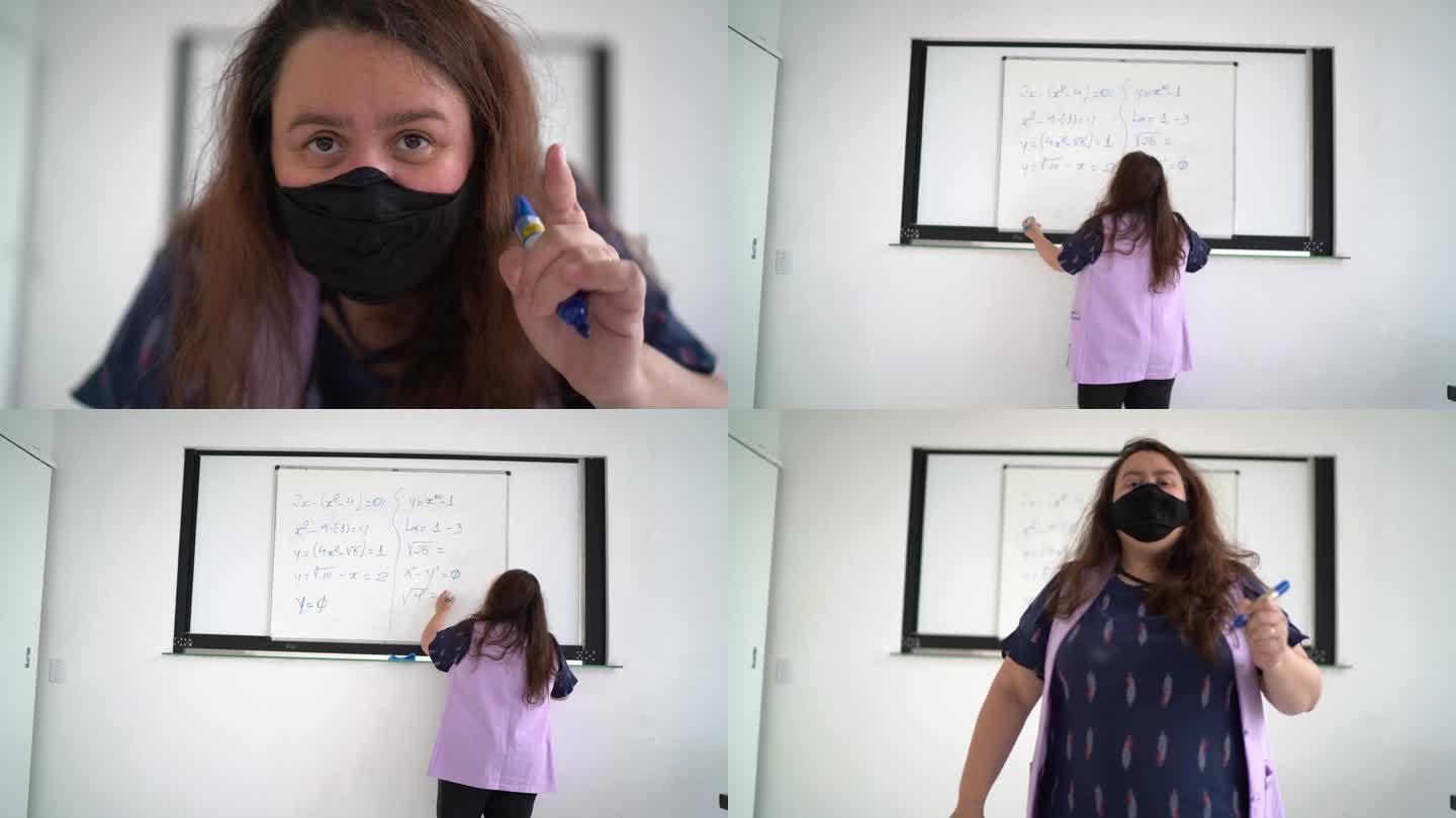 教师戴口罩在虚拟课堂上教授数学-网络摄像头视角