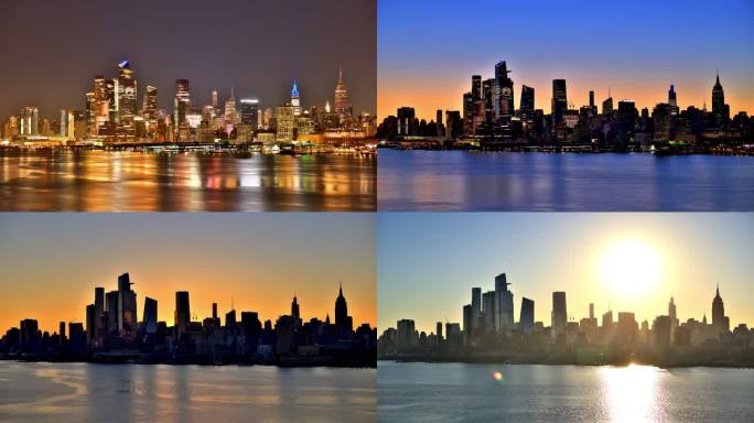 纽约市：横跨哈德逊河的天际线：日出延时