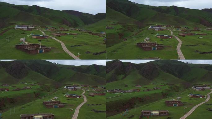 航拍高山草甸上的藏族村庄