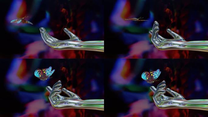 通过基因改造和基因组编辑创造的彩色蝴蝶停留在一个金属的人工智能机器人的手指上。