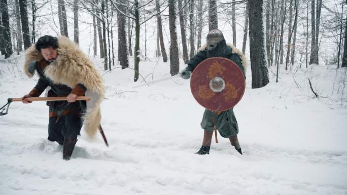 勇敢的中世纪武士和骑士，在森林里打仗