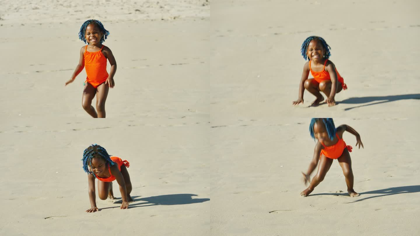 在阳光明媚的夏日海滩上描绘一个穿着泳衣的可爱嬉戏女孩