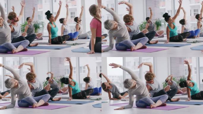 一组人在健身班练习瑜伽的4k视频片段
