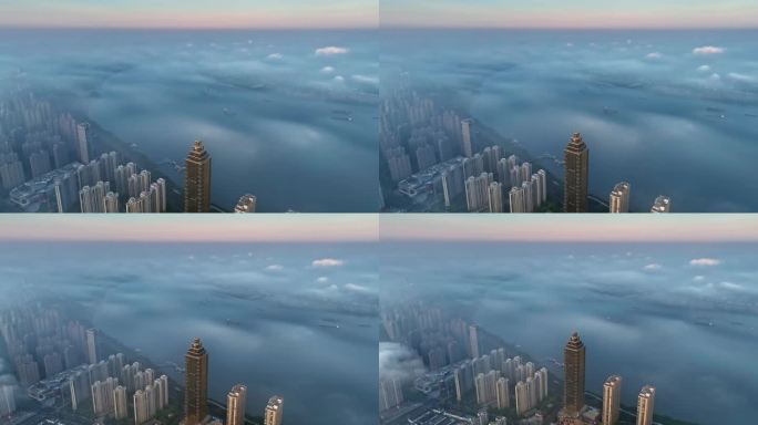 4K原创-芜湖滨江日出平流雾大场景航拍