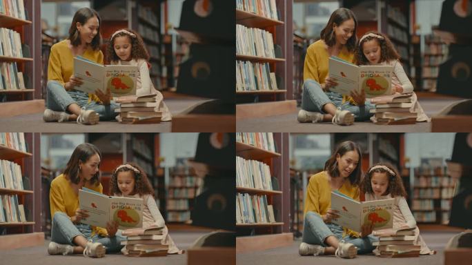 两个女人只坐在图书馆的地板上一起读书。图书馆里可爱的女儿和母亲。