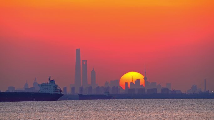 4K 上海日落横沙岛遥望陆家嘴 船 视频