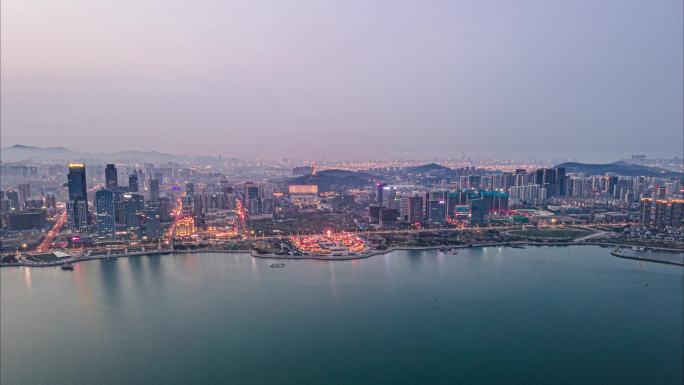 青岛黄岛经济开发区都市晚霞夜景延时航拍