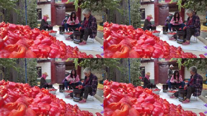 农村妇女手工甜椒挖瓤取籽