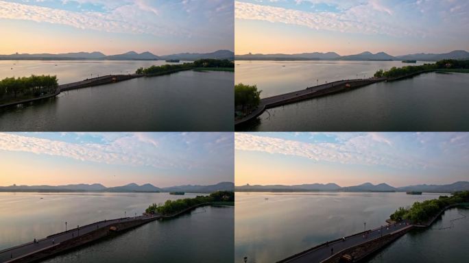 航拍杭州西湖断桥日出美景