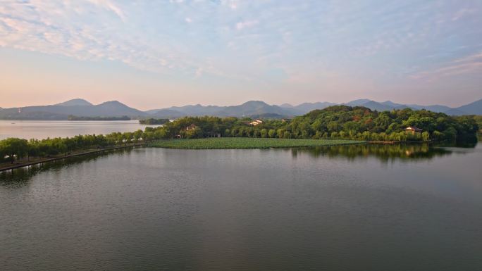 航拍杭州西湖日出美景
