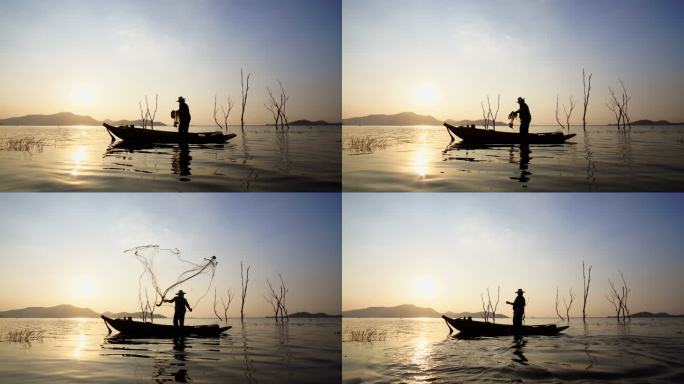 当地渔民早上在水中撒网捕鱼的生活方式视频片段