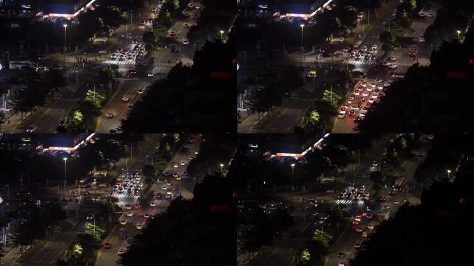 俯视视角下夜晚深圳的路面交通和车灯