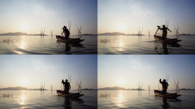 当地渔民早上在水中撒网捕鱼的生活方式视频片段