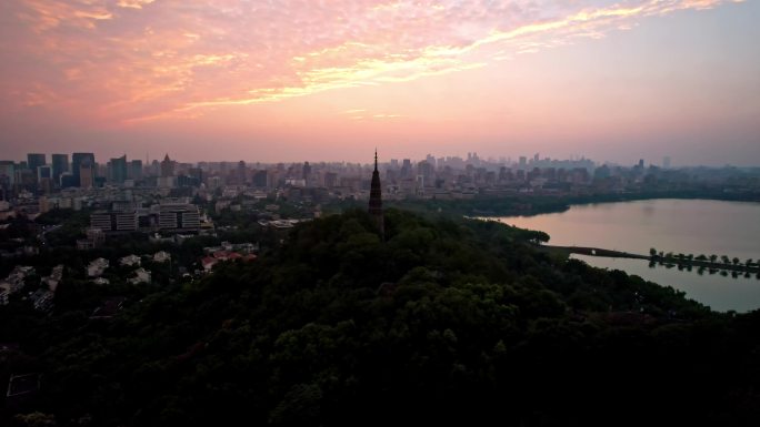 航拍杭州西湖保叔塔日出美景