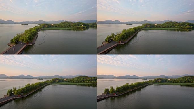 航拍杭州西湖白堤日出美景