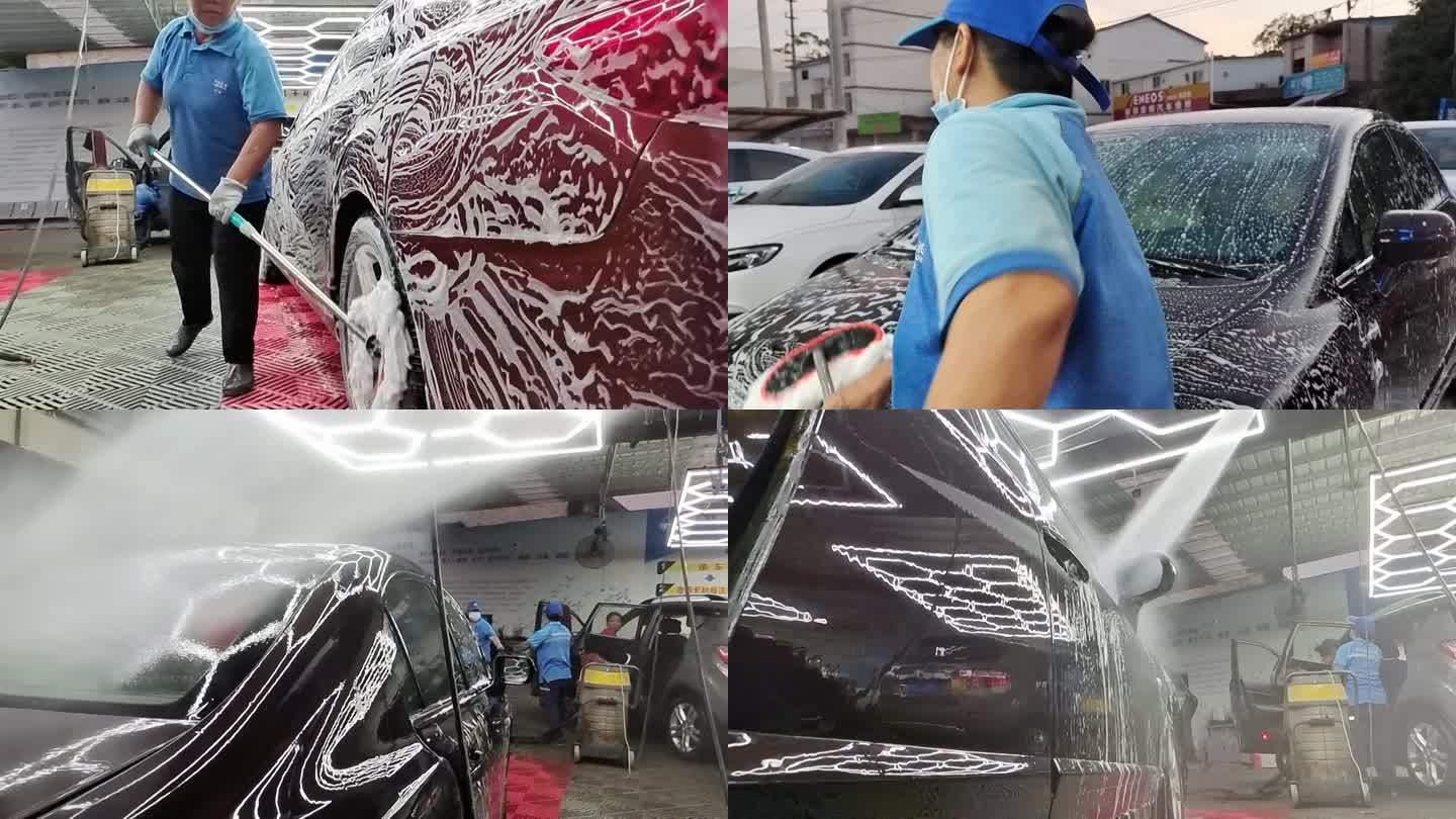 汽车洗车设备洗车工人水抹布泡室内 水洗
