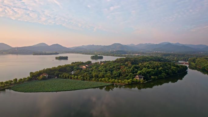 航拍杭州西湖日出美景