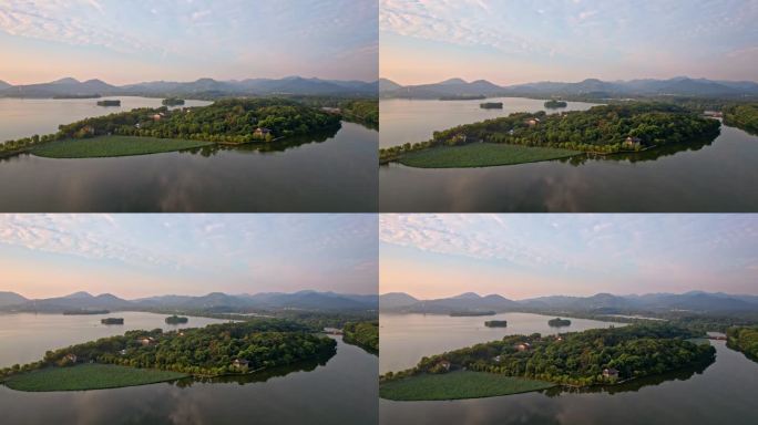 航拍杭州西湖日出美景