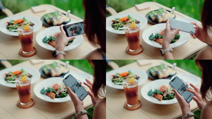 快乐女人在社交网络上分享健康食品照片。
