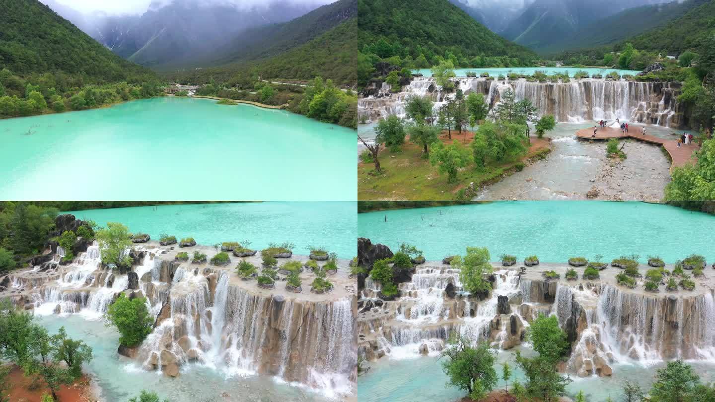 云南丽江蓝月谷景区4K航拍湖水瀑布群