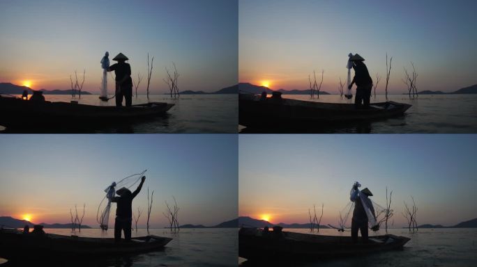 HD慢动作：当地渔民早上在水中撒网捕鱼的生活方式