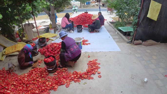 农民手工甜椒挖瓤取籽延时摄影