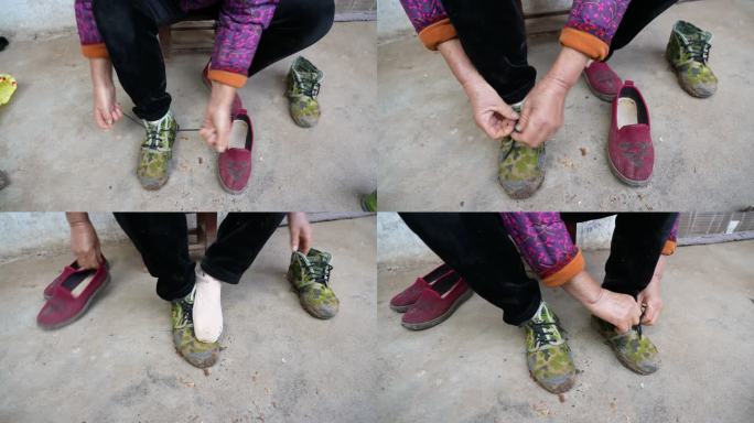 农村妇女换鞋系鞋带准备下地干活
