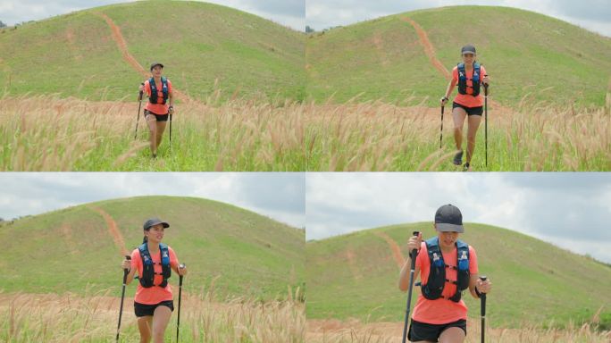 年轻女子在下午的山顶上进行积极的越野跑，超级马拉松选手在户外用徒步杆子冒险