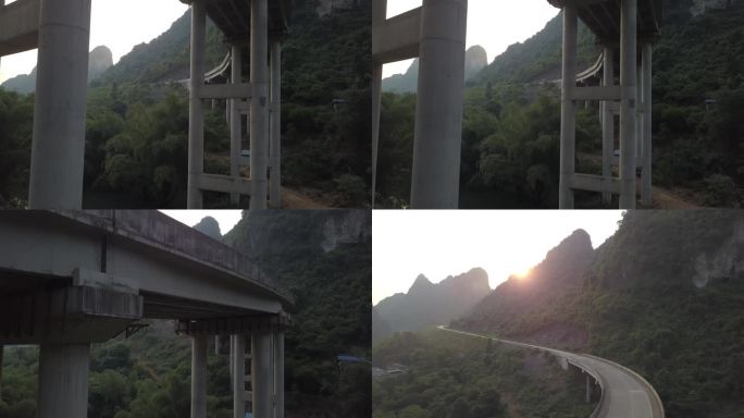 高速公路 夕阳 高架桥 大山深处 航拍