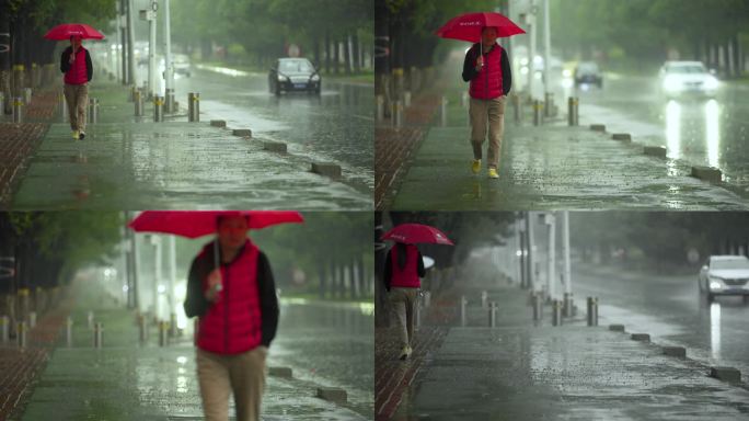 雨中行人打伞实拍