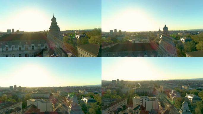 保加利亚索菲亚市中心的广角无人机拍摄。美丽的城市时钟指向20:40，显示