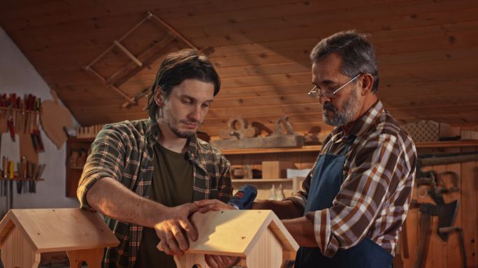高级男木匠和他的儿子在车间里建造鸟屋