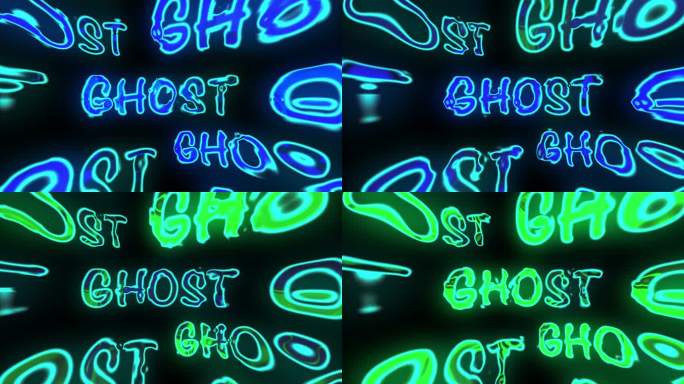 彩色荧光铭文——黑色背景上的鬼魂变形。绿色标题的幻觉效果