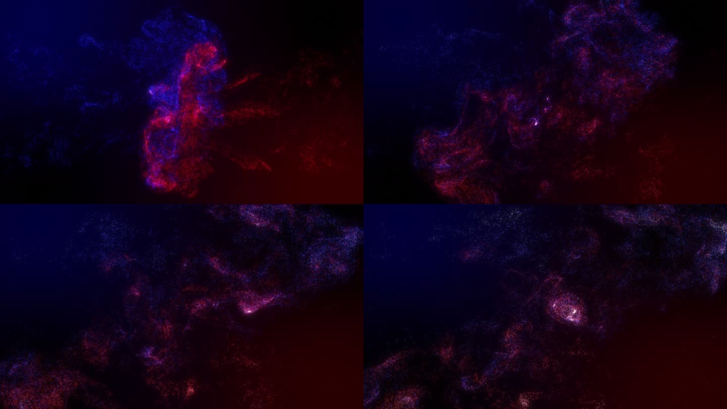 粒子墨水蓝色和红色在渐变色背景上碰撞并闪烁，带有慢动作快照
