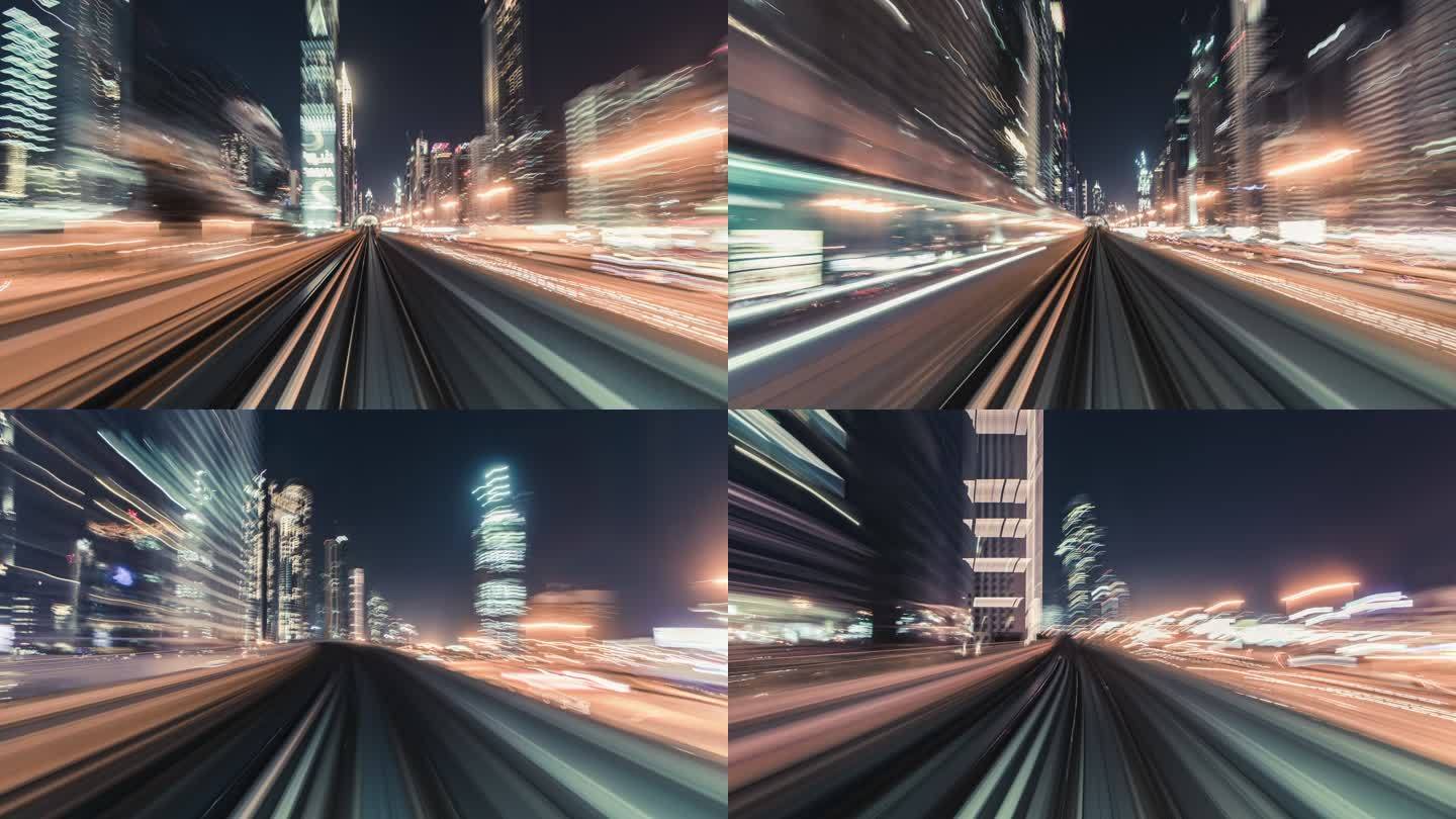 T/L POV地铁夜间穿越迪拜市中心/阿联酋迪拜