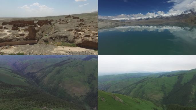 新疆花海+湖面+雪山+戈壁+草原航拍