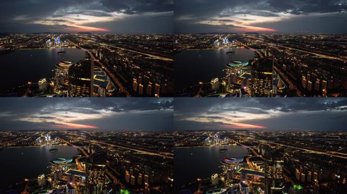 5.4K航拍苏州金鸡湖国金中心夕阳夜景