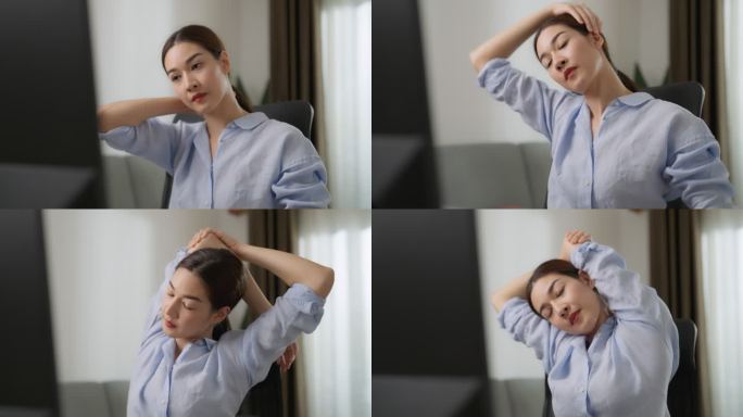 漂亮漂亮的年轻亚洲女性在家里伸展脖子和肩膀以缓解肌肉紧张，感到劳累过度。