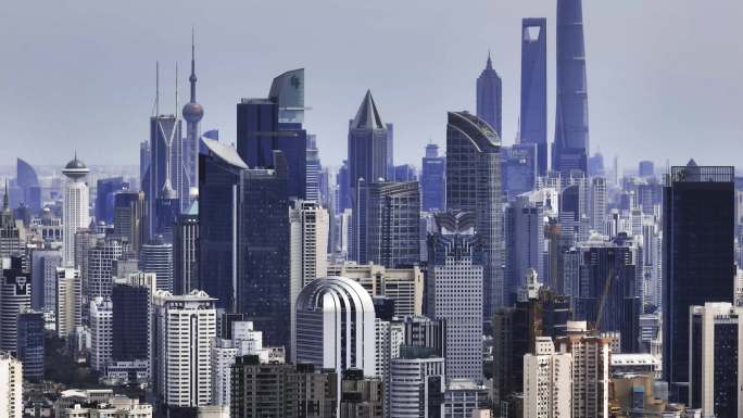 航拍上海繁华城市建筑群长焦空间压缩感