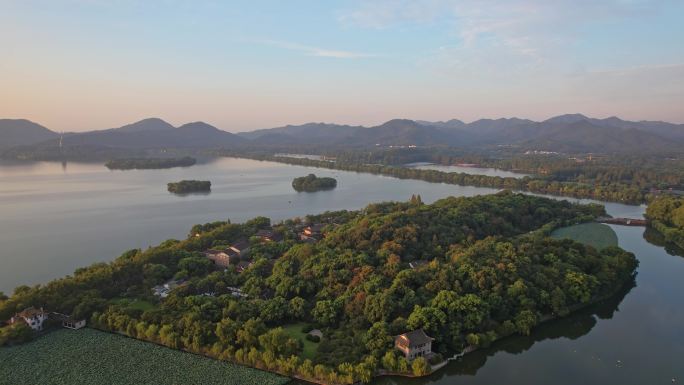 航拍杭州西湖日出美景